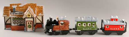 Snow Village Train Station With 3 Train Cars-Set Of 4 - Boxed