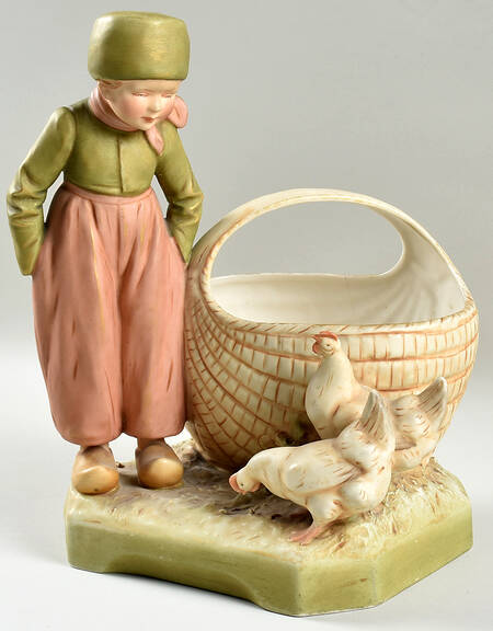 Royal Dux Figurine (Older Mark) Dutch Boy With Basket,Chickens   - No Box