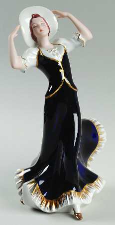 Royal Dux Figurine (Older Mark) Lady In Blue Dress Hat On Head - No Box