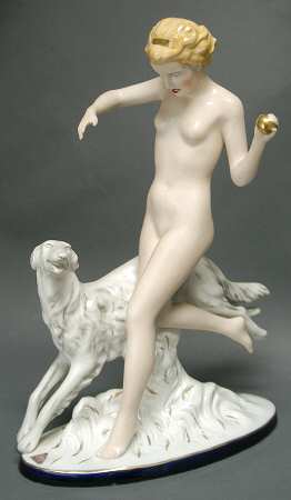 Royal Dux Figurine #2(Newer) Nude Running With Dog - No Box
