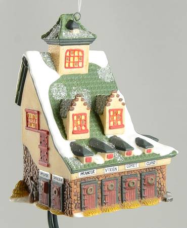 North Pole Ornament Reindeer Barn-Lighted - Boxed