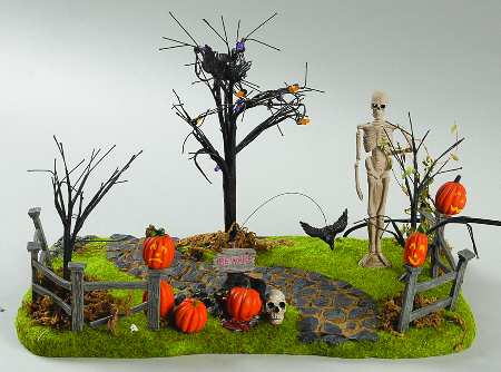 Snow Village Halloween Creepy Lighted Front Yard - Boxed