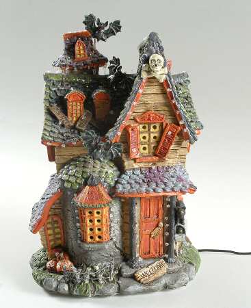 Snow Village Halloween Haunted House W/ Fiber Optic Light - Boxed