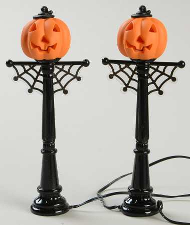 Snow Village Halloween Pumpkin Street Lamps Set Of 2 - Boxed