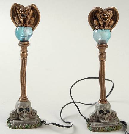 Snow Village Halloween Gargoyle Lamp Posts - With Box