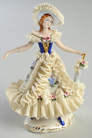 Dresden Figurines Lady With Umbrella-Blue Vest - No Box