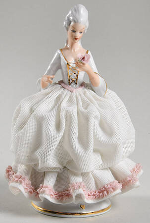 Dresden Figurines Lady With White Dress-Pink Flower - No Box