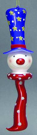 Blown Glass Ornaments Red & Blue Finial Snowman Head - Boxed