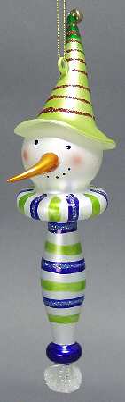 Blown Glass Ornaments Blue & Green Finial Snowman Head - Boxed