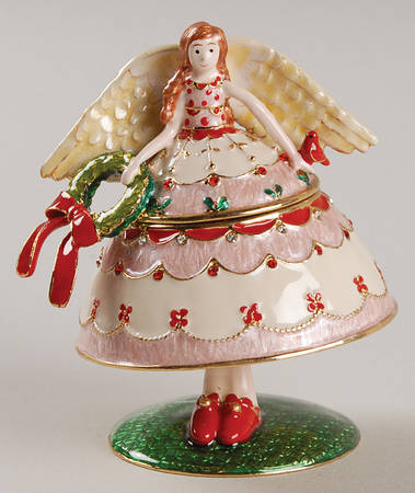 Christmas Bejeweled Boxes Homespun Angel-With Bird - Boxed