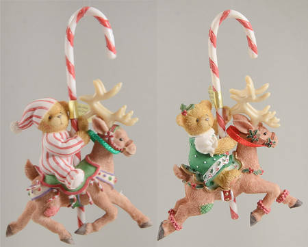 Cherished Teddies Ornament Set Of 2 Boy/Girl On Reindeer W/Candyca - Boxed