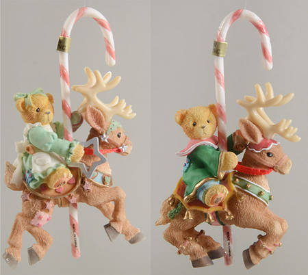 Cherished Teddies Ornament Set Of 2 Boy/Girl On Reindeer W/Candyca - Boxed