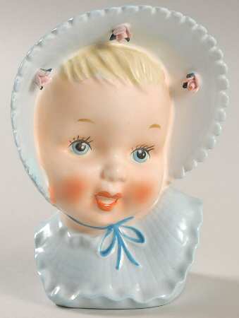 Enesco Head Vases Baby Blue 3 Pink Roses On Hat - No Box