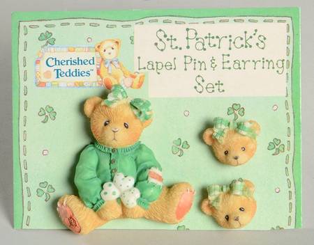 Cherished Teddies Jewelry St Patricks Lapel Pin And Earring Set - No Box