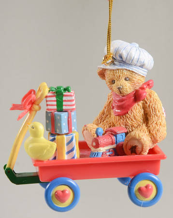 Cherished Teddies Holiday Ornaments Boy Bear On Wagon  - Boxed