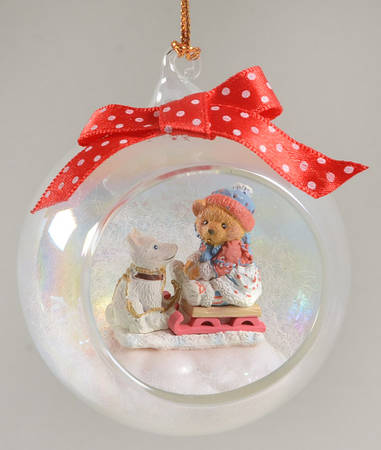 Cherished Teddies Glass Holiday Ornaments Bear On Sled With Dog  - Boxed