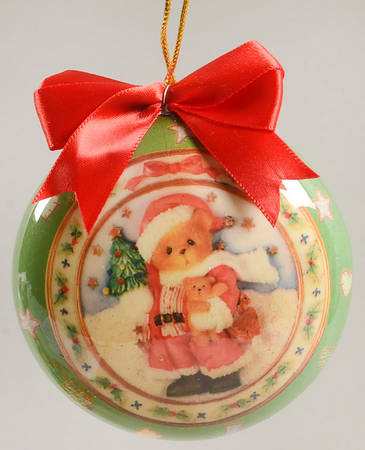 Cherished Teddies Glass Disk Ornaments Santa Bear  - Boxed