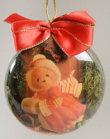 Cherished Teddies Glass Disk Ornaments Bear With Scraf With Wreath  - Boxed