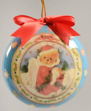 Cherished Teddies Glass Disk Ornaments Angel Bear With Hamster  - Boxed
