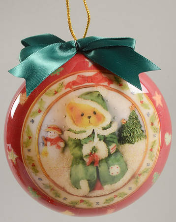 Cherished Teddies Glass Disk Ornaments Christmas Bear With Snowman - With Box