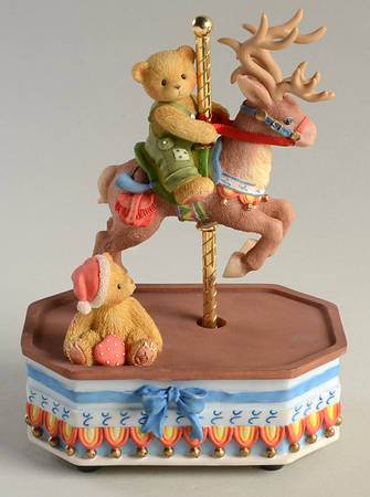 Cherished Teddies Christmas Musicals Boy On Reindeer Carousel Jingle Bells - Boxed