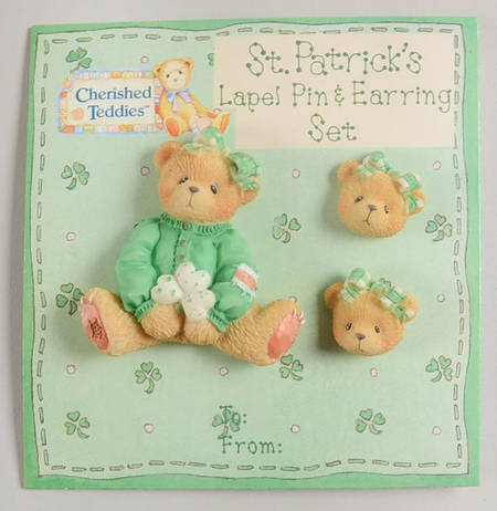 Cherished Teddies Pin and Earring St Patrick's Day - No Box