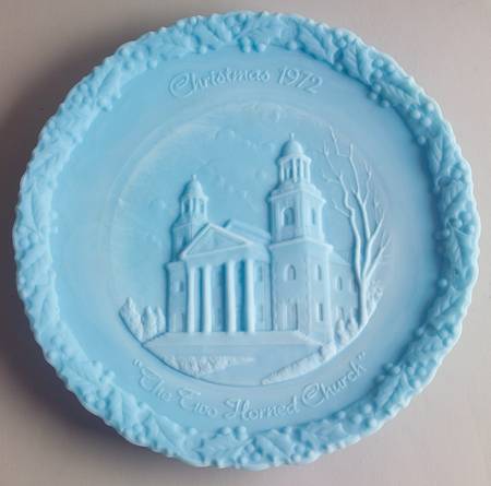 Fenton Christmas Plate-Blue Satin Glass The Two Horned Church - Boxed
