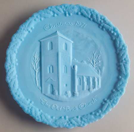 Fenton Christmas Plate-Blue Satin Glass Old Brick Church - Boxed