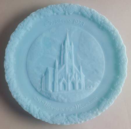 Fenton Christmas Plate-Blue Satin Glass Saint Mary's Mountains - Boxed