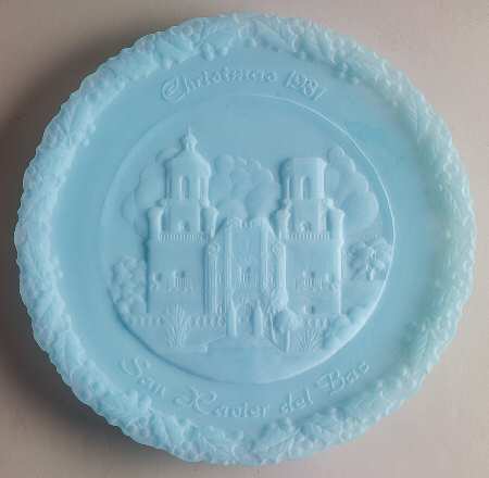 Fenton Christmas Plate-Blue Satin Glass Mission Of San Xavier Del Bac - Boxed