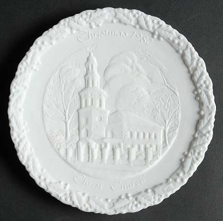 Fenton Christmas Plate-White Satin Glass Christ Church - Boxed