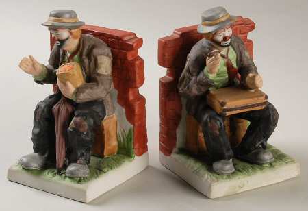 Emmett Kelly Jr-Figurine Bookends-Pair-Brick Fence - Boxed