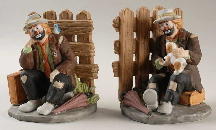 Emmett Kelly Jr-Figurine Bookends-Pair-Picket Fence - Boxed