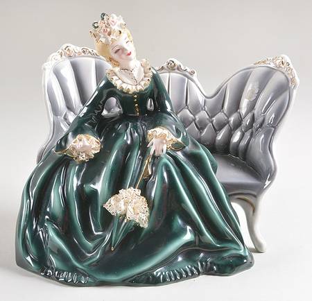 Florence Ceramics Figurine Elizabeth-Teal On Gray Couch Blonde Hair - No Box