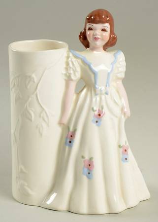 Florence Ceramics Figurine Molly-White W/ Blue & Pink-Flower Holder - No Box