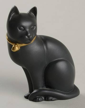 Curio Cabinet Cat Black Basalt-Gold Collar-Matte - No Box