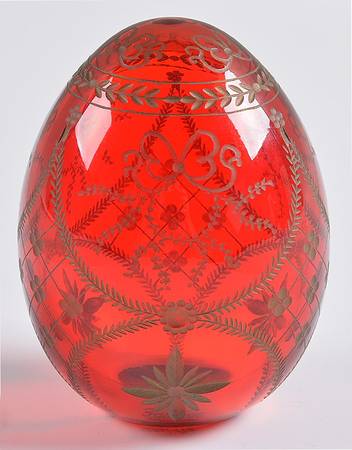 Faberge Crystal Egg Red Cut Gold Design - Boxed
