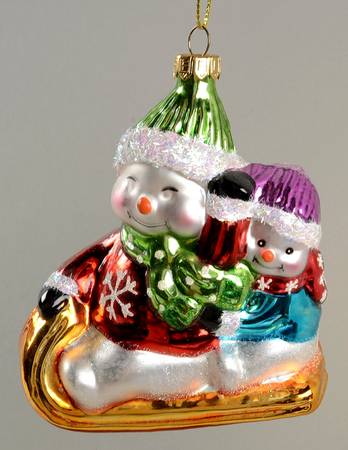 Fitz & Floyd Blown Glass Ornament Snowmen On Sled - Boxed