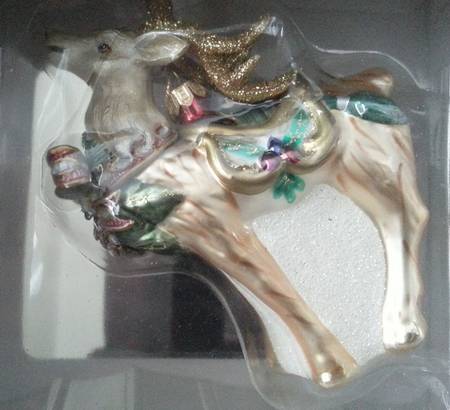 Fitz & Floyd Blown Glass Ornament Deer W/Holly Bow - Boxed