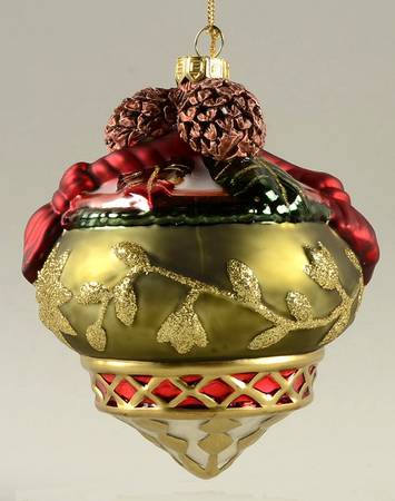 Fitz & Floyd Blown Glass Ornament Pinecone Top With Red Ribbon - Boxed