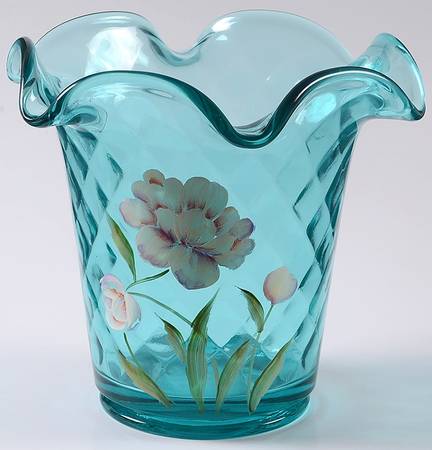 Fenton-Lenox Exclusives Robin's Egg Blue Vase With Pink Peony - Boxed