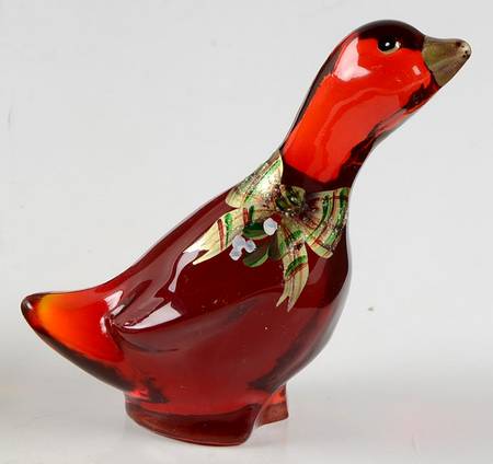 Fenton-Lenox Exclusives Ruby Mistletoe Goose - Boxed