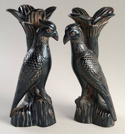 Ceramique Vernissage Chinese Pheasants-Black-Candlesticks - No Box