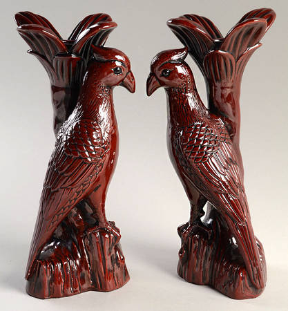 Ceramique Vernissage Chinese Pheasants-Cinnabar-Candlesticks - No Box