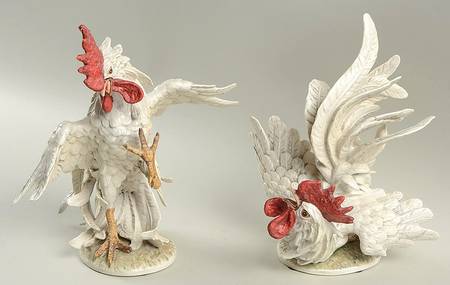 Bird Figurines White Fighting Rooster Pair - No Box