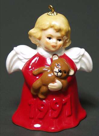 Angel Bell Ornament Angel With Teddy Bear-Red - Boxed