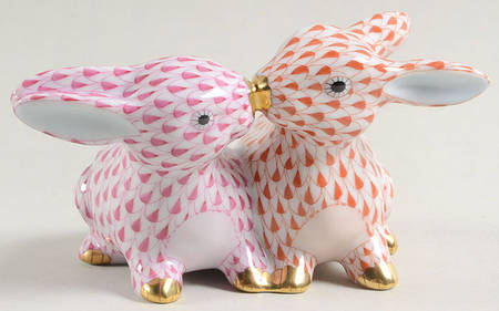 Rabbits & Bunnies (More Than 1) Kissing Bunnies-Raspberry/Rust - No Box