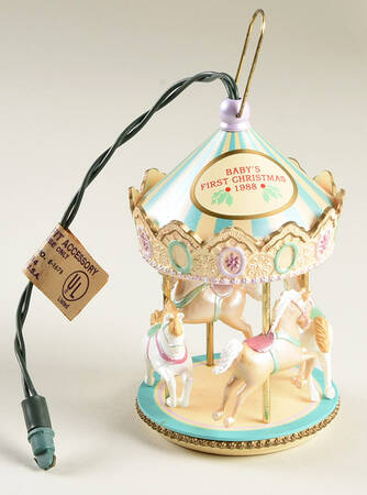 1988 Hallmark Christmas Ornaments Baby's First-Carousel Revolves - Boxed