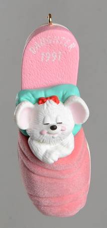 1991 Hallmark Christmas Ornaments Daughter-Mouse In Slipper - Boxed