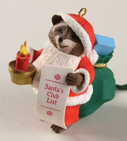 1992 Hallmark Christmas Ornaments Santa's Club List-Raccoon Santa - Boxed